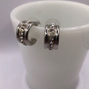 Two-tone Silver & Gold Crystal Rhinestone Hoop Earrings